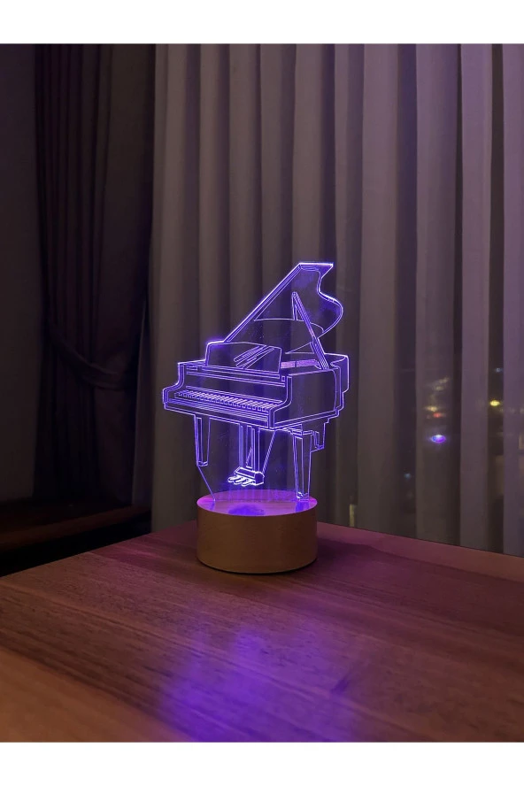 BY-LAMP Piyano Figürlü Dekoratif Hediye Led Masa Lambası | 7 Işık Rengi | Ahşap Taban - Resim 4