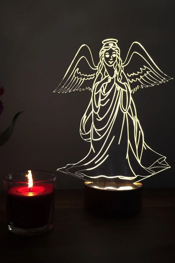 BY-LAMP Anneler Günü Hediyesi. Kanatlı Melek Figürlü Led Masa Lambası - Ahşap Taban ürün görseli 1