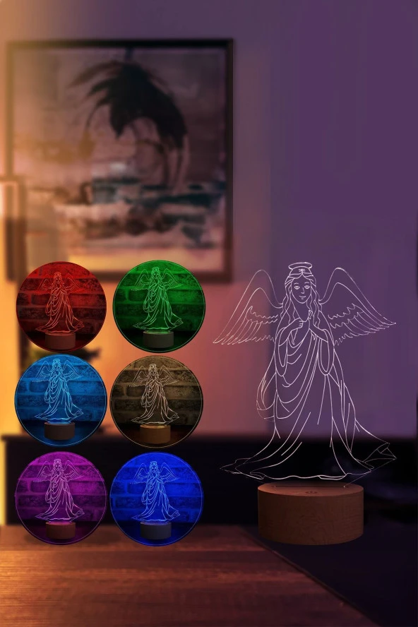 BY-LAMP Anneler Günü Hediyesi. Kanatlı Melek Figürlü Led Masa Lambası - Ahşap Taban - Resim 2