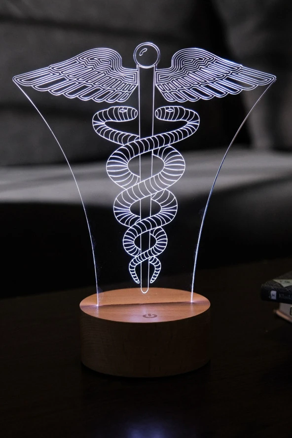 BY-LAMP Tıp Sembolü Kadüse Figürlü Dekoratif Hediye Led Masa Lambası | 7 Işık Rengi | Ahşap Taban