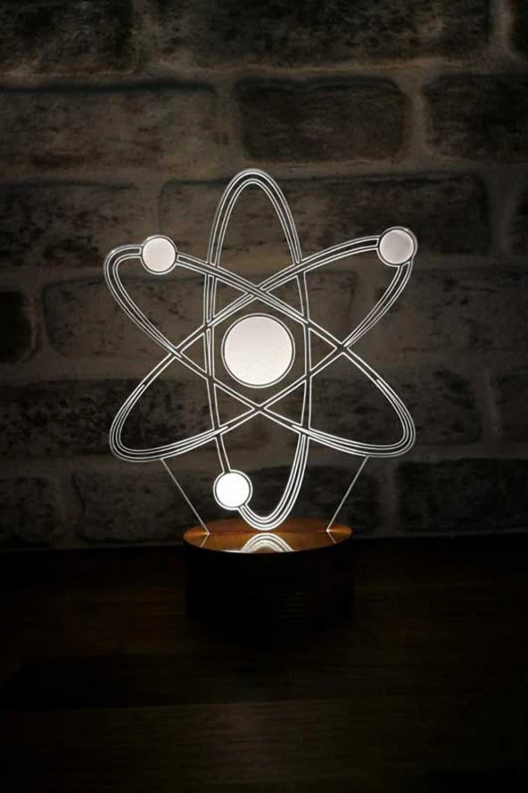 BY-LAMP Atom Figürlü Dekoratif Hediye Led Masa Lambası | 7 Işık Rengi | Ahşap Taban