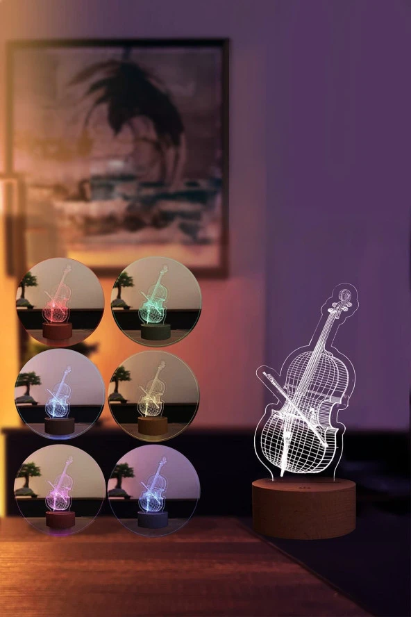 BY-LAMP Çello Temalı Led Masa Lambası - Ahşap Tabanlı, 7 Farklı Işık Renkli - Resim 2