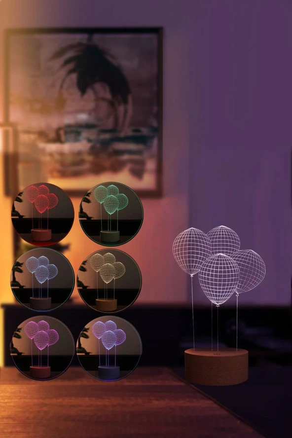 BY-LAMP Balon Figürlü Dekoratif Hediye Led Masa Lambası | 7 Işık Rengi | Ahşap Taban - Resim 2