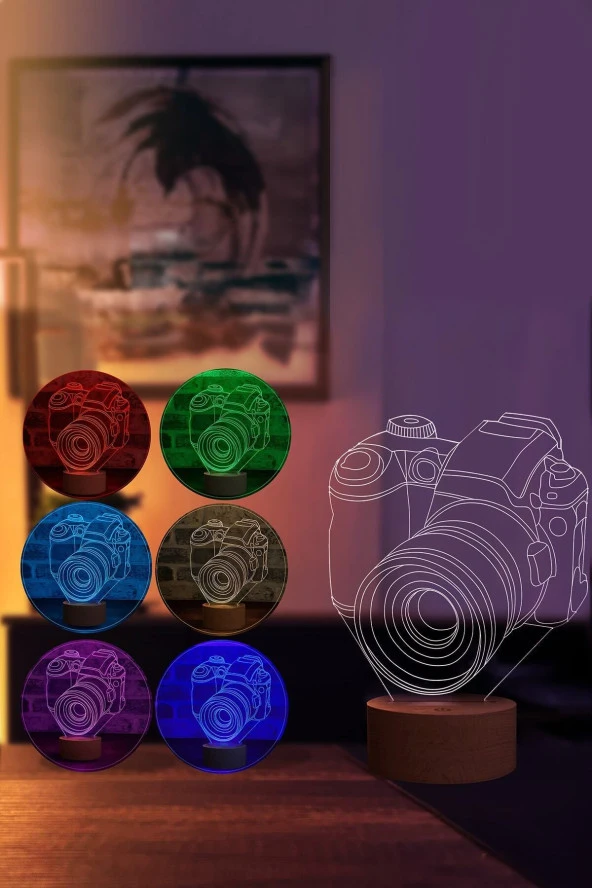 BY-LAMP Fotoğraf Makinesi Tasarımlı Led Masa Lambası - Ahşap Taban 7 Farklı Işık Renkli Dekoratif Aydınlatma - 2
