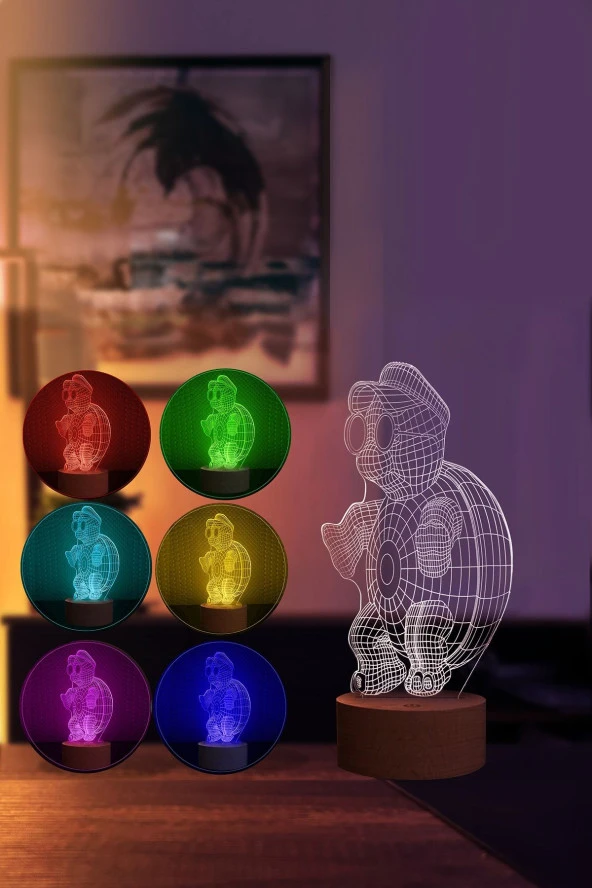BY-LAMP Kaplumbağa Figürlü Led Masa Lambası | 7 Işık Rengi | Ahşap Taban - Resim 2