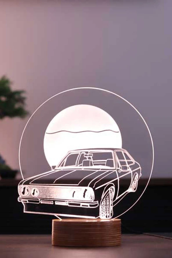 BY-LAMP Retro Araba Figürlü Dekoratif Hediye Led Masa Lambası | 7 Işık Rengi | Ahşap Taban ürün görseli 1