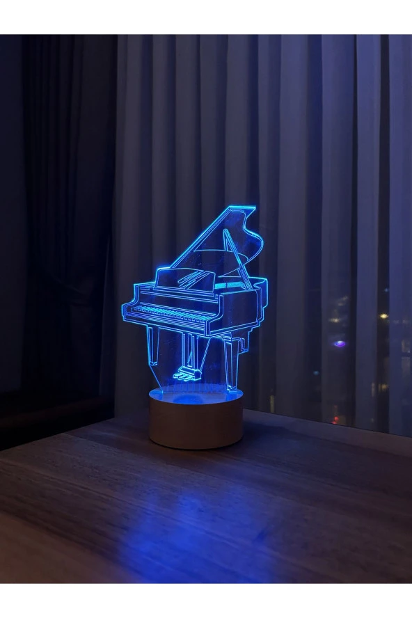 BY-LAMP Piyano Figürlü Dekoratif Hediye Led Masa Lambası | 7 Işık Rengi | Ahşap Taban - Resim 2
