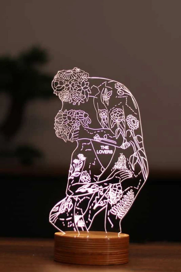 BY-LAMP The Lovers Figürlü Dekoratif Hediye Led Masa Lambası | 7 Işık Rengi | Ahşap Taban