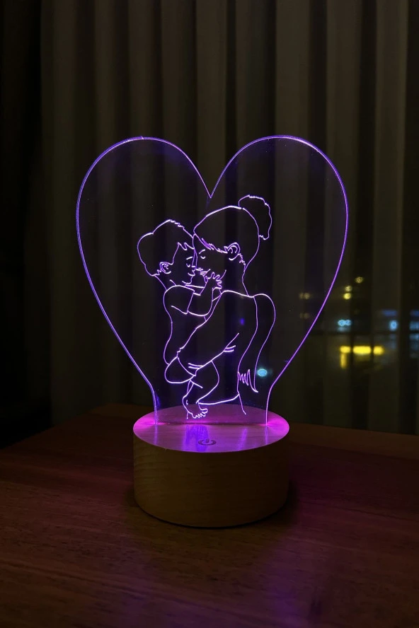 BY-LAMP Anneler Gününe Özel Lamba Tasarımı Ahşap Taban 7 Farklı Işık Renkli Hediye Dekoratif Aydınlatma - Resim 2
