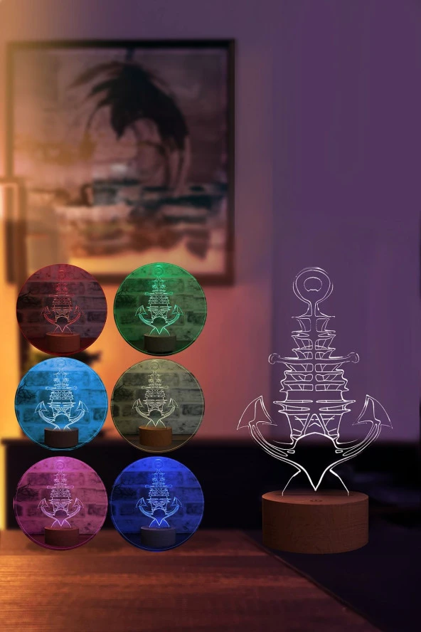 BY-LAMP Gemi Çapa Figürlü Dekoratif Hediye Led Masa Lambası | 7 Işık Rengi | Ahşap Taban - Resim 2