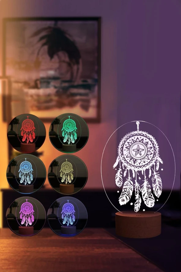 BY-LAMP Düş Kapanı Figürlü Dekoratif Hediye Led Masa Lambası | 7 Işık Rengi | Ahşap Taban - Resim 2