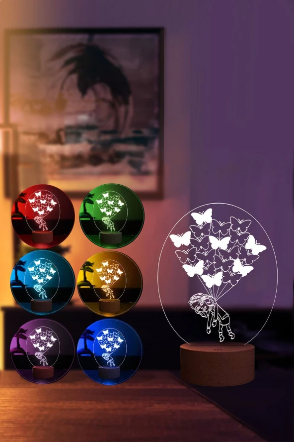 BY-LAMP Kelebekli Kız Figürlü Led Masa Lambası | 7 Işık Rengi | Ahşap Taban - 2