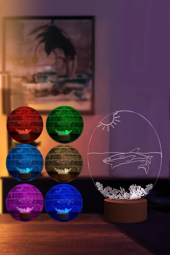 BY-LAMP Köpek Balığı Lamba Tasarımı Ahşap Taban 7 Farklı Işık Renkli Hediye Dekoratif Aydınlatma - Resim 2