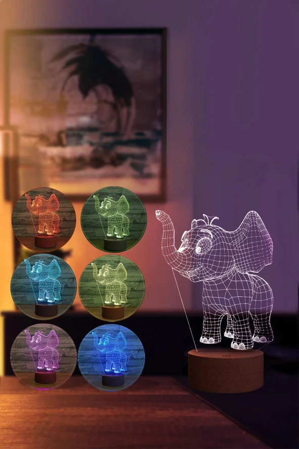 BY-LAMP Sevimli Fil Figürlü Dekoratif Hediye Led Masa Lambası | 7 Işık Rengi | Ahşap Taban - Resim 2