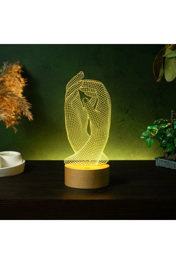 BY-LAMP Eller Figürlü Dekoratif Hediye Led Masa Lambası | 7 Işık Rengi | Ahşap Taban - Resim 3