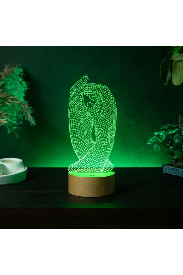 BY-LAMP Eller Figürlü Dekoratif Hediye Led Masa Lambası | 7 Işık Rengi | Ahşap Taban - Resim 4