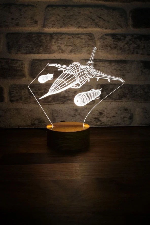 BY-LAMP F-16 Figürlü Dekoratif Hediye Led Masa Lambası | 7 Işık Rengi | Ahşap Taban ürün görseli 1