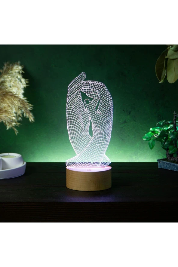 BY-LAMP Eller Figürlü Dekoratif Hediye Led Masa Lambası | 7 Işık Rengi | Ahşap Taban - Resim 2