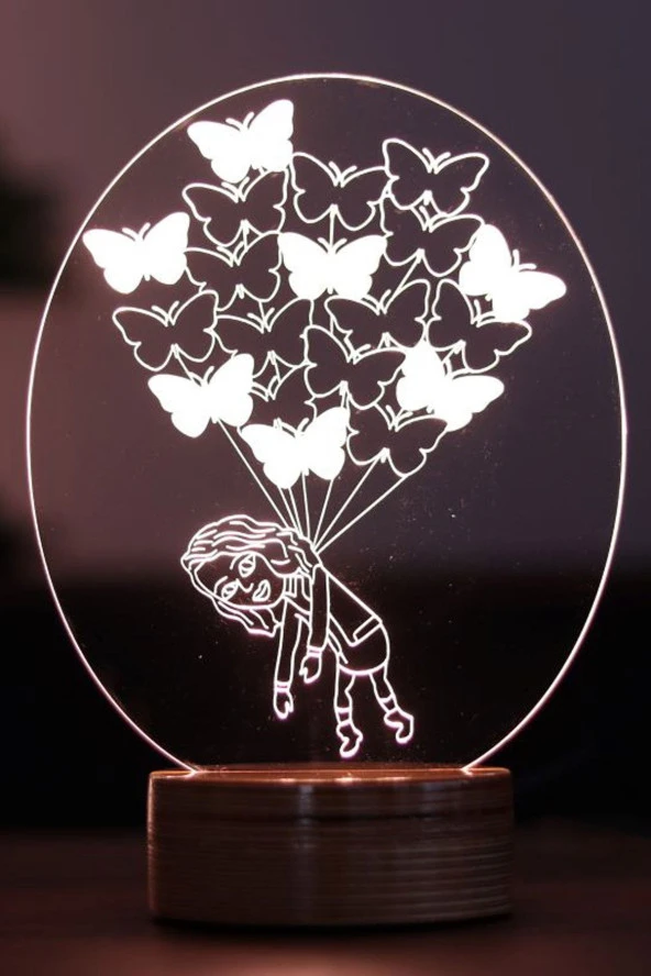 BY-LAMP Kelebekli Kız Figürlü Led Masa Lambası | 7 Işık Rengi | Ahşap Taban