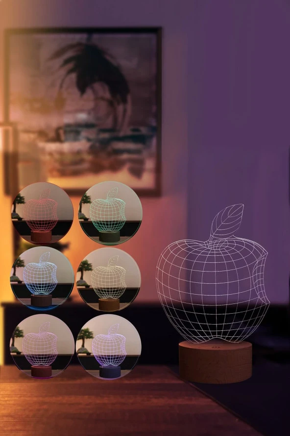 BY-LAMP Elma Figürlü Dekoratif Hediye Led Masa Lambası | 7 Işık Rengi | Ahşap Taban - 2
