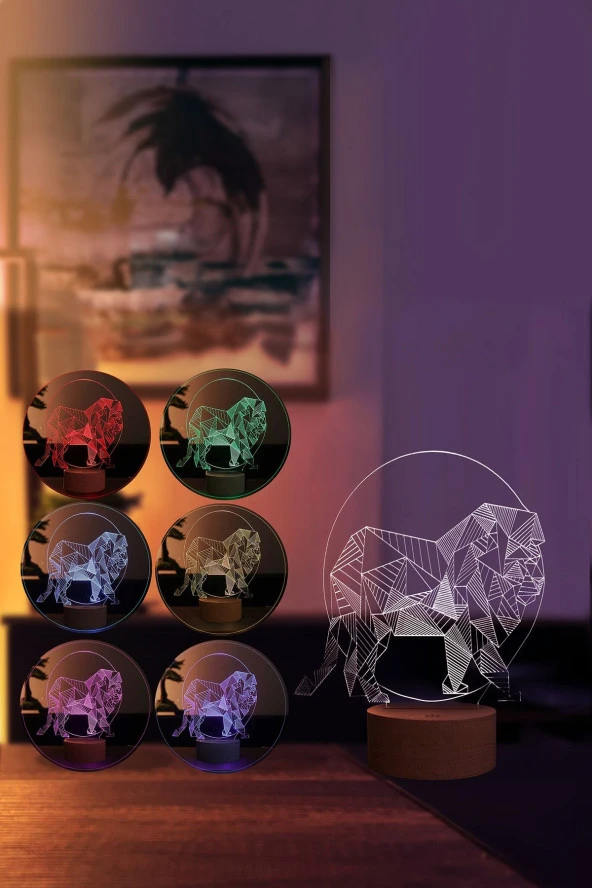 BY-LAMP Aslan Led Masa Lambası | 7 Işık Rengi | Ahşap Taban - Resim 2