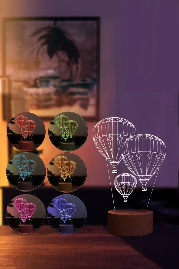 BY-LAMP Kapadokya Balonu Figürlü Led Masa Lambası | 7 Işık Rengi | Ahşap Taban - Resim 2