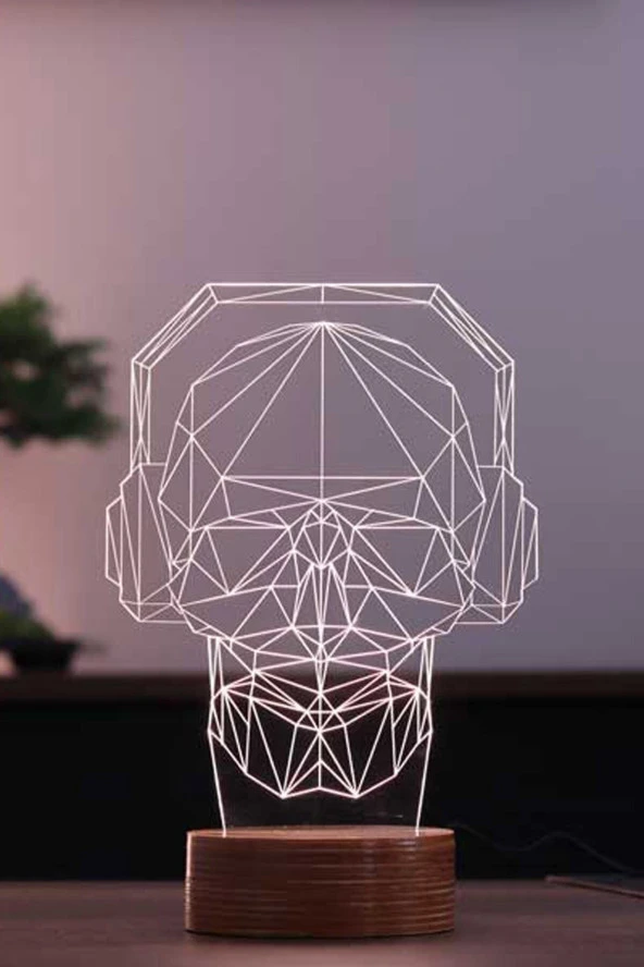 BY-LAMP Müzik Kurukafa Dj Figürlü Dekoratif Hediye Led Masa Lambası | 7 Işık Rengi | Ahşap Taban