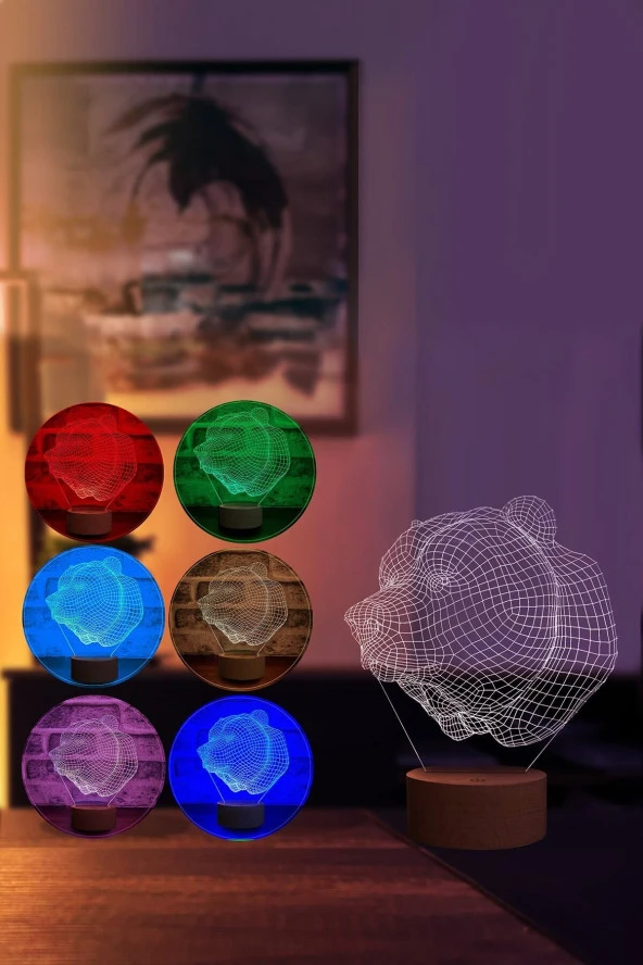 BY-LAMP Ayı Büstü Figürlü Dekoratif Hediye Led Masa Lambası | 7 Işık Rengi | Ahşap Taban - Resim 2