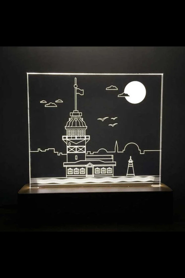 BY-LAMP Kız Kulesi Figürlü Dekoratif Hediye Led Masa Lambası | Günışığı Renk | Ahşap Taban ürün görseli 1