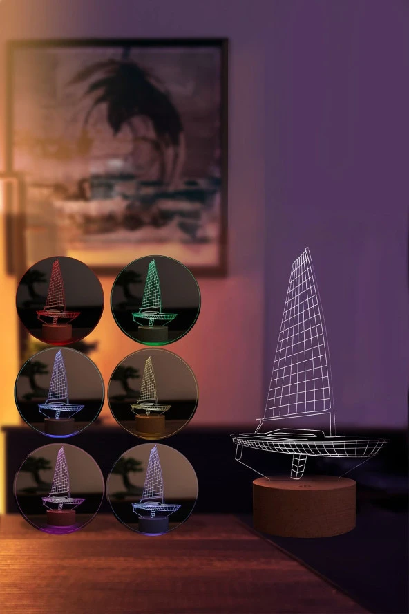 BY-LAMP Yelkenli Figürlü Dekoratif Hediye Led Masa Lambası | 7 Işık Rengi | Ahşap Taban - 2