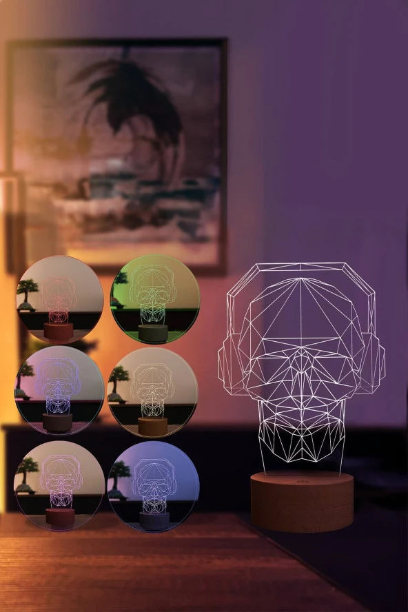 BY-LAMP Müzik Kurukafa Dj Figürlü Dekoratif Hediye Led Masa Lambası | 7 Işık Rengi | Ahşap Taban - Resim 2