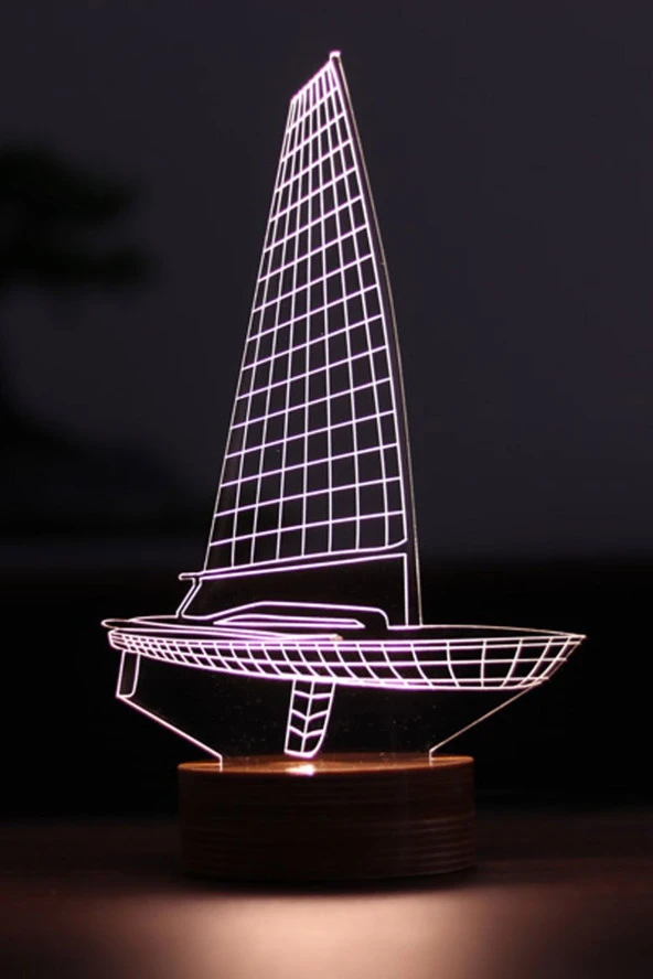 BY-LAMP Yelkenli Figürlü Dekoratif Hediye Led Masa Lambası | 7 Işık Rengi | Ahşap Taban