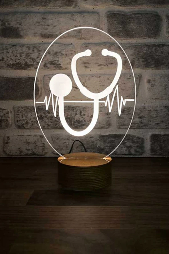 BY-LAMP Steteskop Figürlü Dekoratif Hediye Led Masa Lambası | 7 Işık Rengi | Ahşap Taban ürün görseli 1