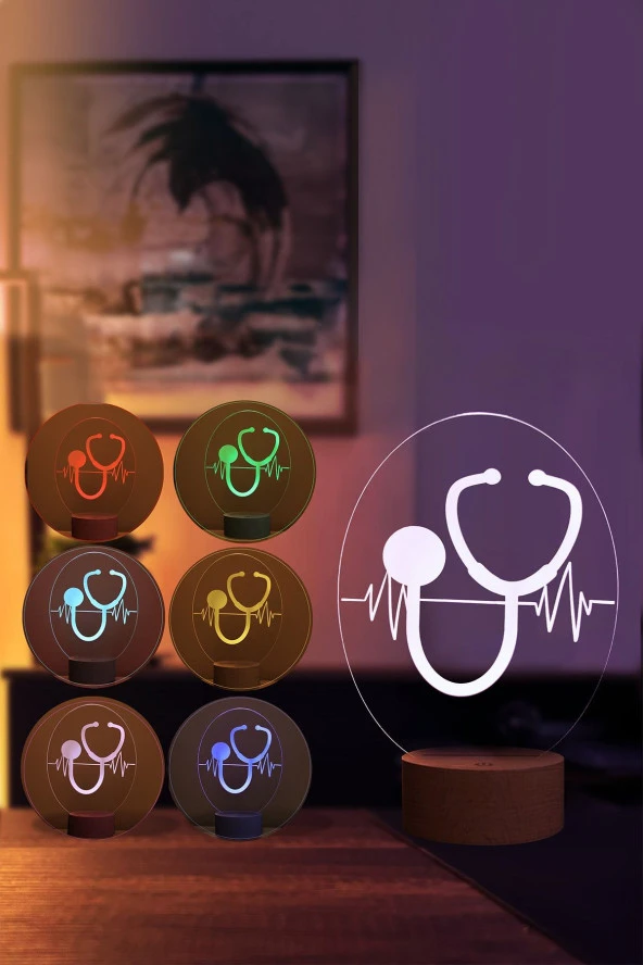 BY-LAMP Steteskop Figürlü Dekoratif Hediye Led Masa Lambası | 7 Işık Rengi | Ahşap Taban - Resim 2