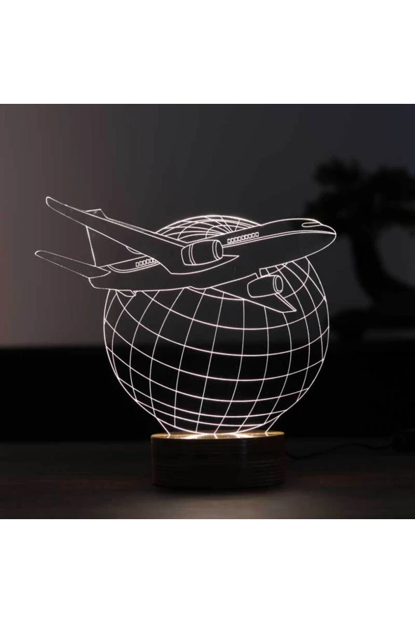 BY-LAMP Uçak Ve Dünya Figürlü Dekoratif Hediye Led Masa Lambası | 7 Işık Rengi | Ahşap Taban