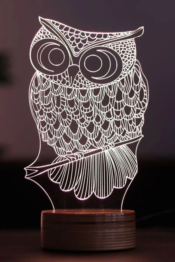 BY-LAMP Baykuş Figürlü Dekoratif Hediye Led Masa Lambası | 7 Işık Rengi | Ahşap Taban ürün görseli 1