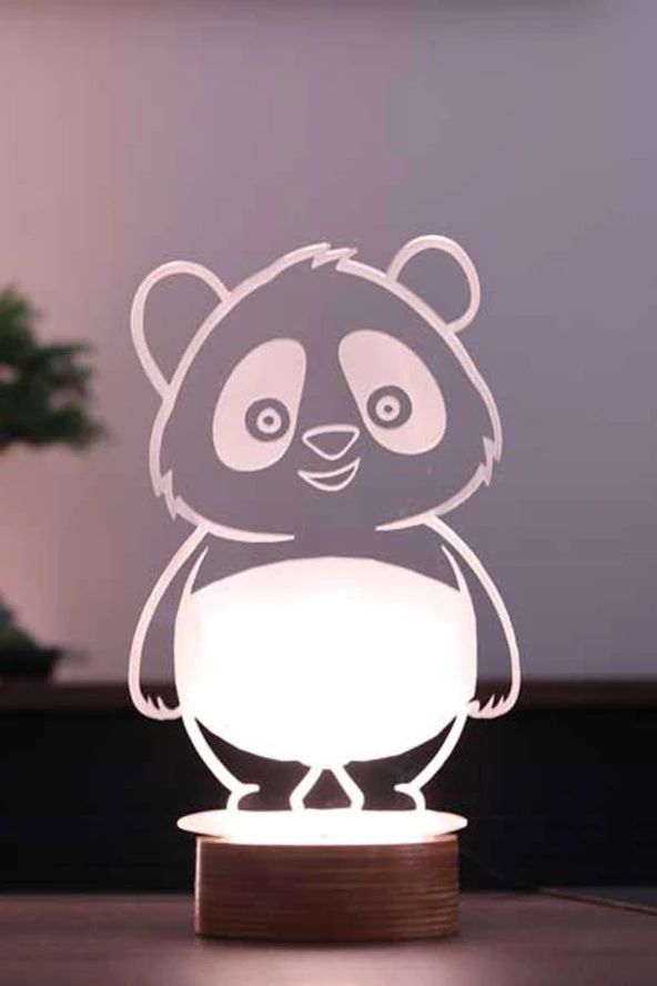 BY-LAMP Sevimli Panda Figürlü Dekoratif Hediye Led Masa Lambası | 7 Işık Rengi | Ahşap Taban ürün görseli 1
