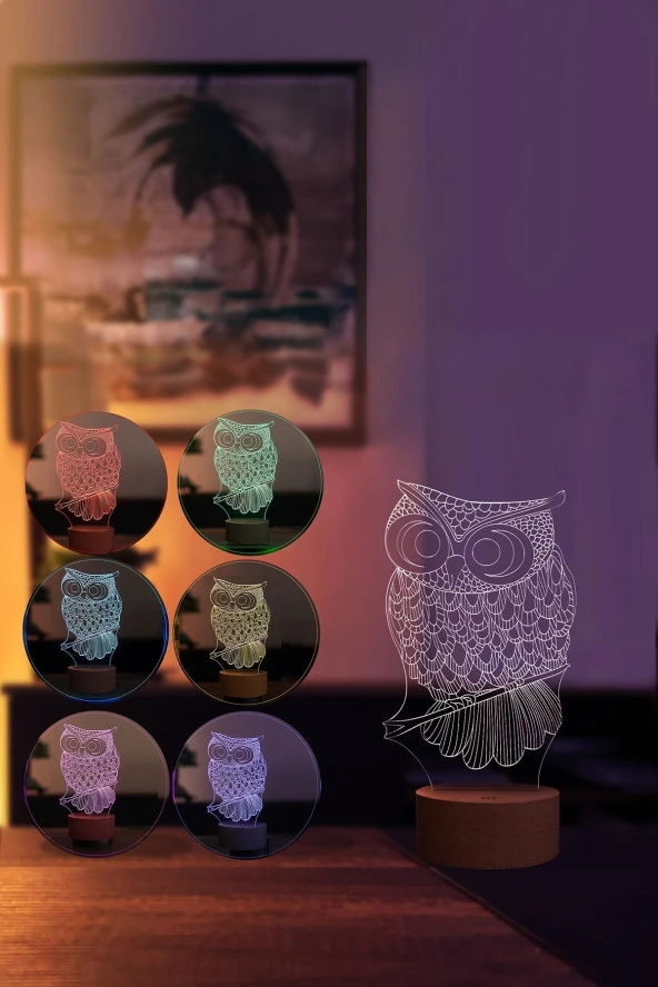 BY-LAMP Baykuş Figürlü Dekoratif Hediye Led Masa Lambası | 7 Işık Rengi | Ahşap Taban - Resim 2