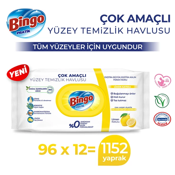 Bingo Pratik Yüzey Temizlik Havlusu Limon Kokulu 96x12 (1152 Yaprak)