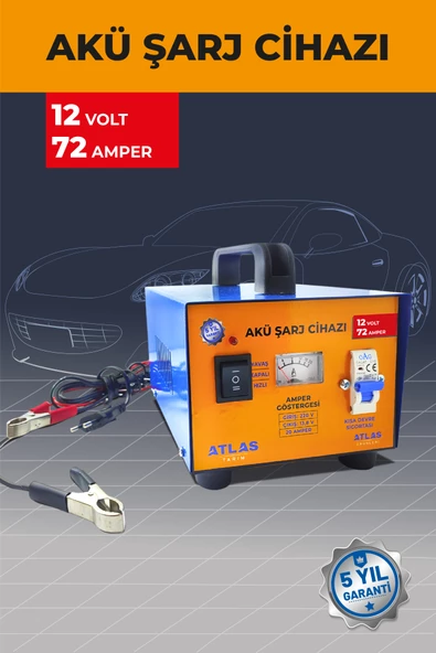 ATLAS AKÜ ŞARJ CİHAZI 12 VOLT 72 AMPER 5 YIL GARANTİ