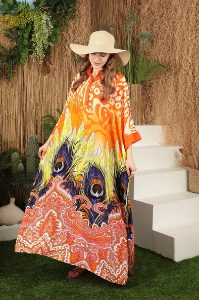 Emprime Tüy Desenli Geniş ve Uzun Kollu Bol Kalıplı Hakim Yaka Viskon Kumaşlı Elbise Oranj YazBahar - 3