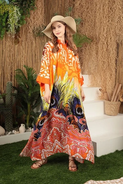 Emprime Tüy Desenli Geniş ve Uzun Kollu Bol Kalıplı Hakim Yaka Viskon Kumaşlı Elbise Oranj YazBahar - 2
