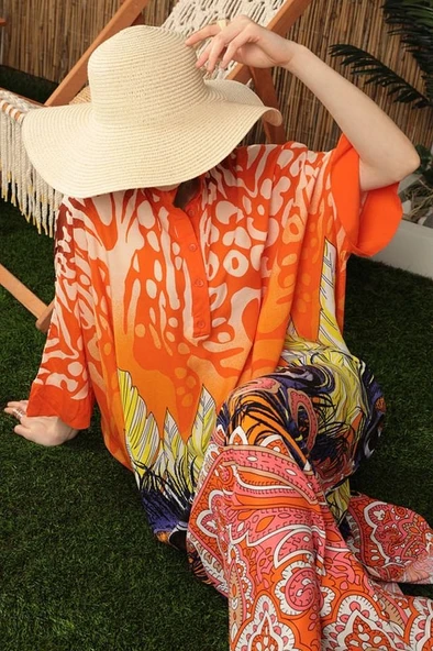Emprime Tüy Desenli Geniş ve Uzun Kollu Bol Kalıplı Hakim Yaka Viskon Kumaşlı Elbise Oranj YazBahar - 6