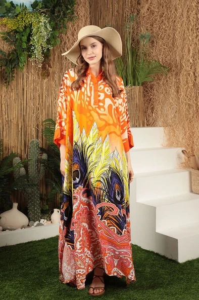 Emprime Tüy Desenli Geniş ve Uzun Kollu Bol Kalıplı Hakim Yaka Viskon Kumaşlı Elbise Oranj YazBahar - 4