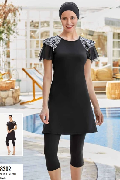 Maresiva Kadın Likralı Kolları Tül Detaylı Yarı Tesettür Mayo Siyah 8302 ürün görseli