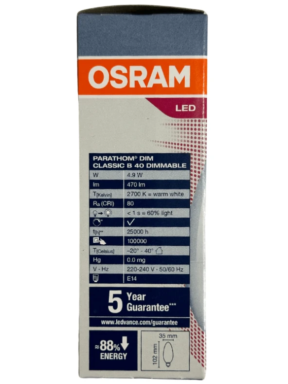 Osram 4,9W (40W) 2700K (Sarı Işık) E14 Duylu Dim Edilebilir Led Ampul (8 Adet) - Resim 2