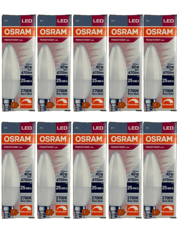 Osram 4,9W (40W) 2700K (Sarı Işık) E14 Duylu Dim Edilebilir Led Ampul (10 Adet)