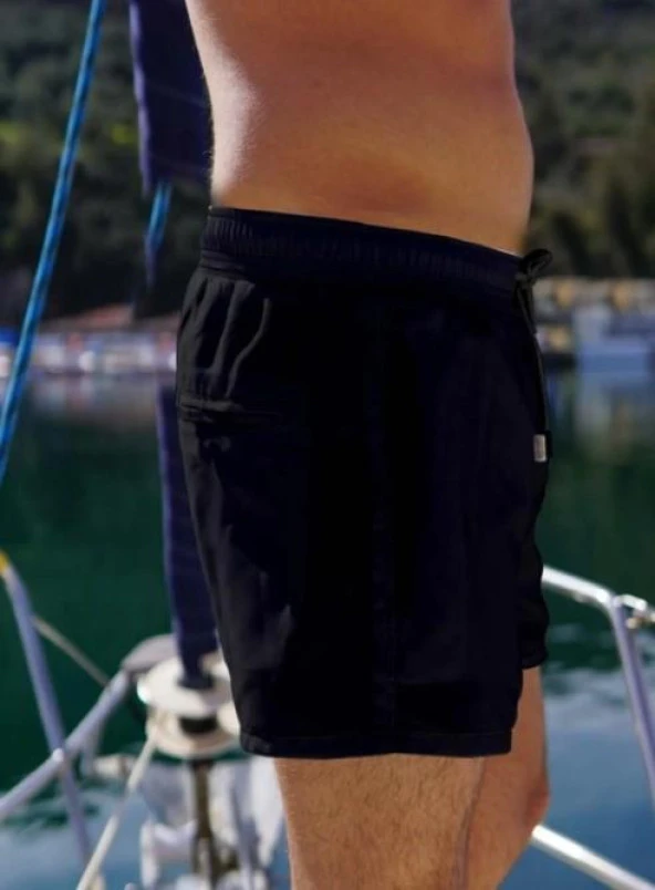 Miami BeachErkek Siyah Hızlı Kuruyan Kumaş Tek Arka Cepli Standart Boy Mayo Deniz Şortu-350
