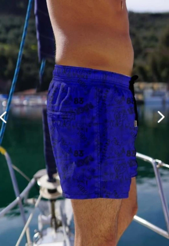 Miami BeachErkek Saks Mavi Baskılı Standart Boy Mayo Deniz Şortu-355