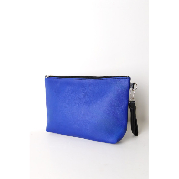Kadın Vegan Deri Clutch Fermuarlı Mavi Baskılı Omuz Çantası - 3